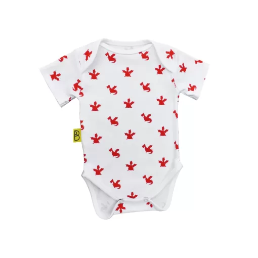 White organic cotton baby short sleeved bodysuit with cute red dragon design with two fasteners at bottom can be personalised