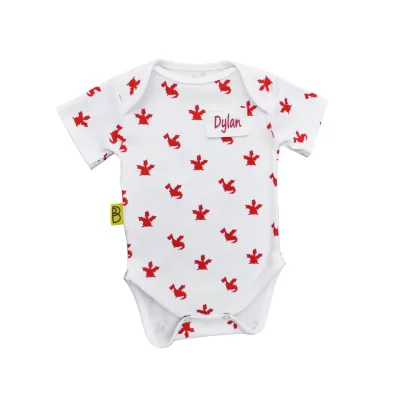 White organic cotton baby short sleeved bodysuit with cute red dragon design with two fasteners at bottom can be personalised