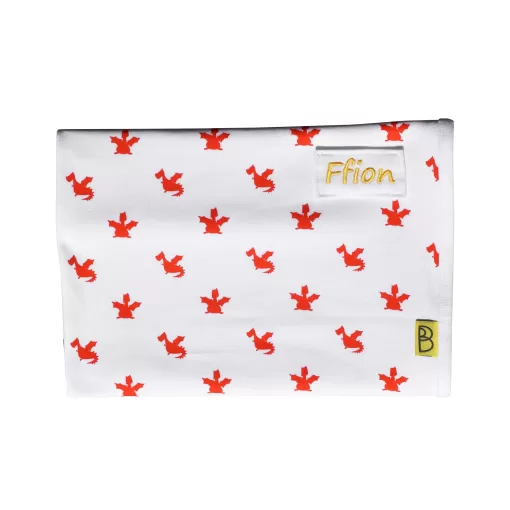 Organic cotton baby blanket with our unique playful red dragon design, printed on to white organic cotton. Rectangular blanket size is 80cm by 60cm.