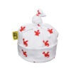 Organic cotton baby hat with repeat playful red dragons design printed on to white cotton fabric. Baby hat has a cute little hand tied knot at the top