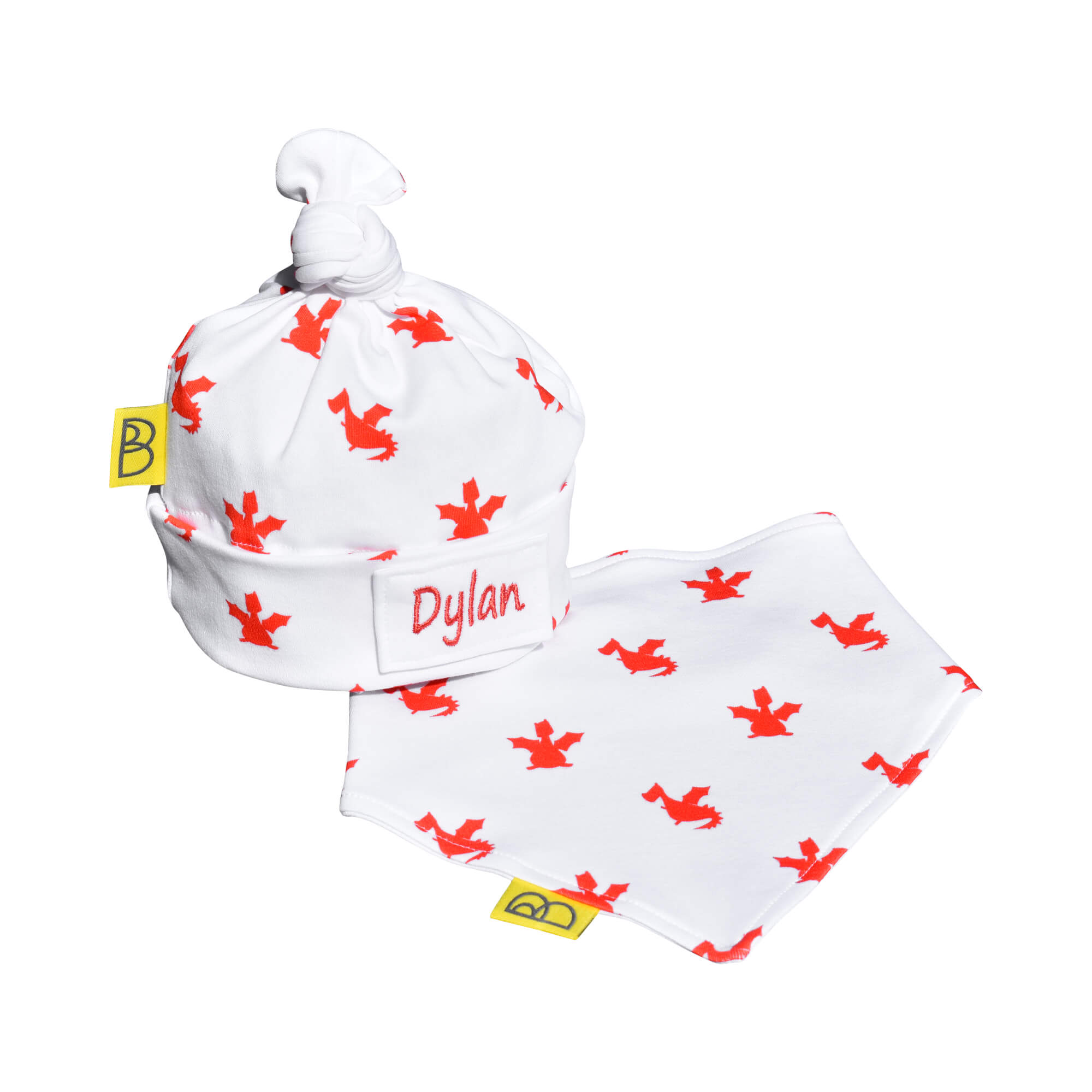 White organic cotton baby hat and bib gift set in our cute Welsh red dragon design and can be personalised