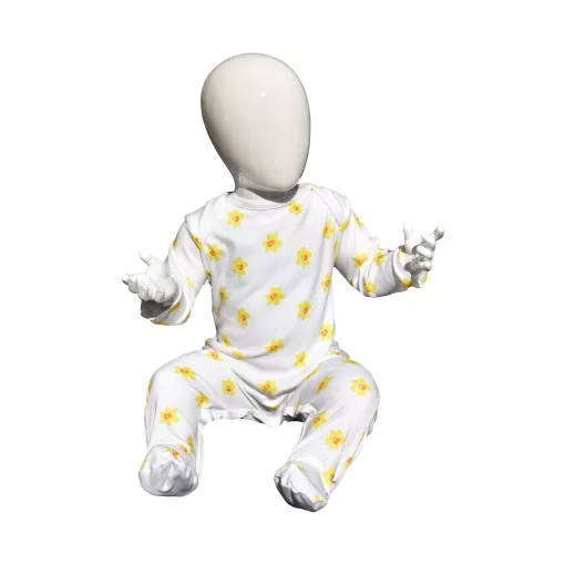 White organic cotton baby sleepsuit with vibrant daffodil design fasteners inside legs for easy opening, can be personalised