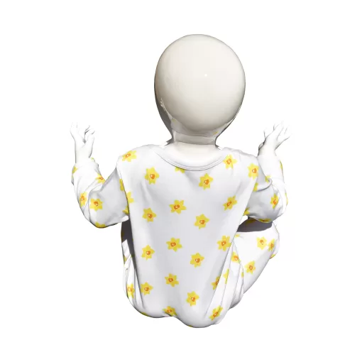 White organic cotton baby sleepsuit with vibrant daffodil design fasteners inside legs for easy opening, can be personalised