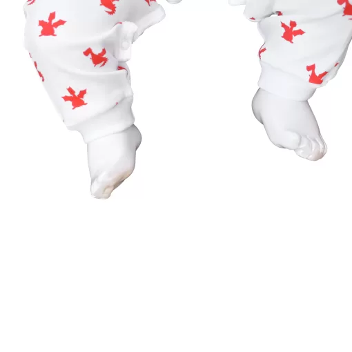 White organic handmade cotton baby dungarees with no sleeves in our cute red dragon design