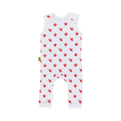 Organic cotton baby dungarees with unique red playful dragon design printed on white cotton. With open sleeves, poppers on braces, elasticated ankles.