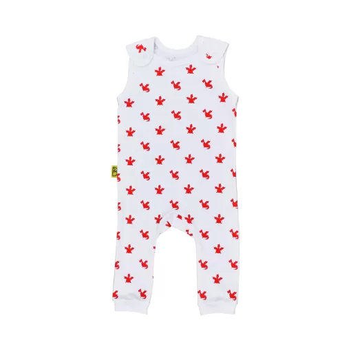 Organic cotton baby dungarees with unique red playful dragon design printed on white cotton. With open sleeves, poppers on braces, elasticated ankles.
