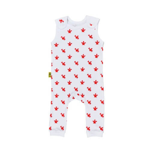 White organic handmade cotton baby dungarees with no sleeves in our cute red dragon design with two fasteners on each brace