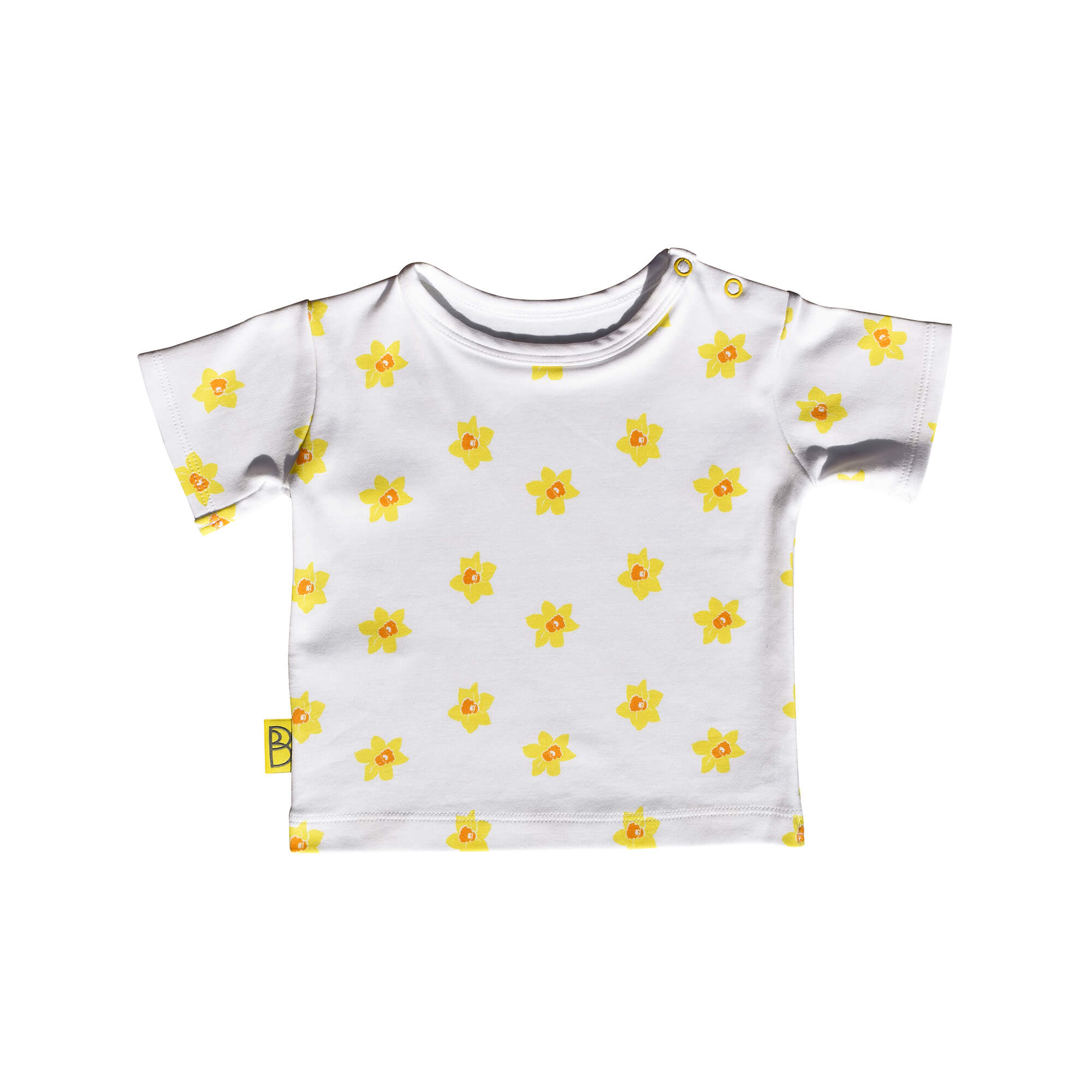 Handmade white organic cotton baby T shirt in vibrant daffodil, fasteners on shoulder to adjust size can be personalised