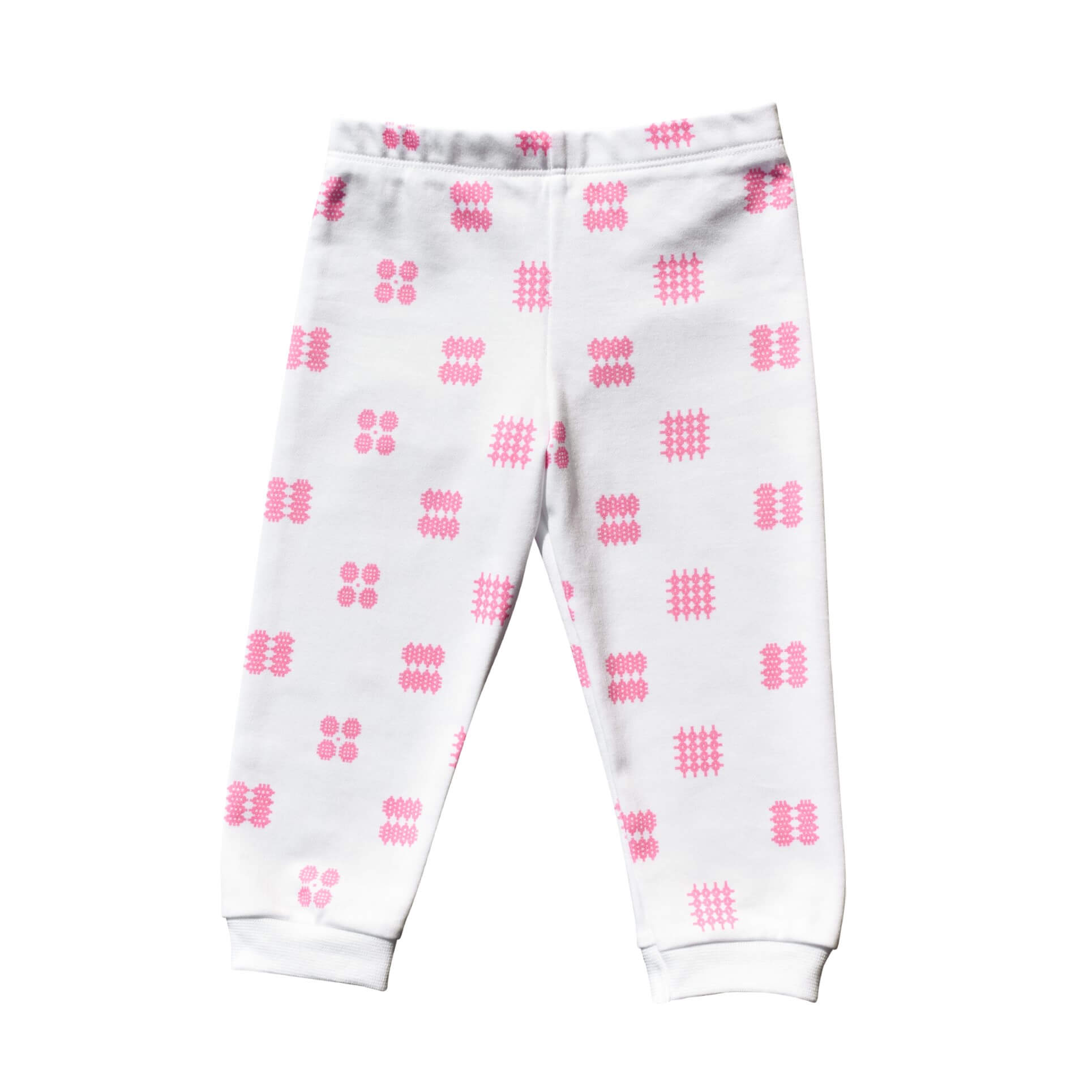 Organic cotton baby or toddler leggings with elasticated waist and ankle in our unique pink tapestry repeat design printed on to white organic cotton.