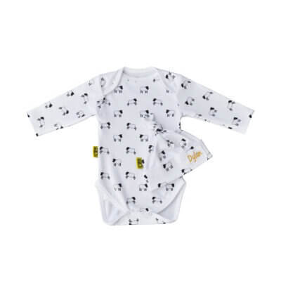 White organic cotton baby long sleeved bodysuit and hat gift set in our cute Welsh sheep design and can be personalised