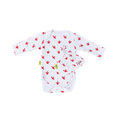 White organic cotton baby long sleeved bodysuit and hat gift set in our cute Welsh red dragon design and can be personalised