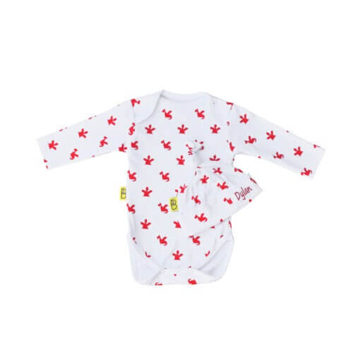 White organic cotton baby long sleeved bodysuit and hat gift set in our cute Welsh red dragon design and can be personalised