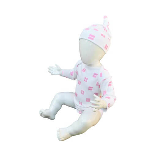 Organic cotton bodysuit with long sleeves and matching hat, featuring a pink tapestry pattern, designed for babies.