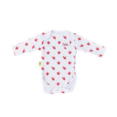 White organic cotton baby long sleeved bodysuit with cute red dragon design with two fasteners at bottom can be personalised