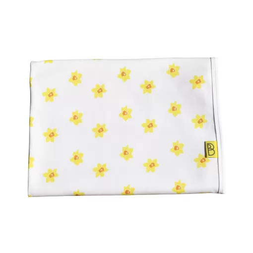 Handmade white organic cotton baby blanket and hat with a vibrant daffodil print they are one size.