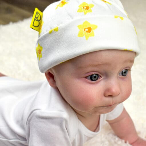 Baby hat with welsh daffodil design made using 100% organic cotton