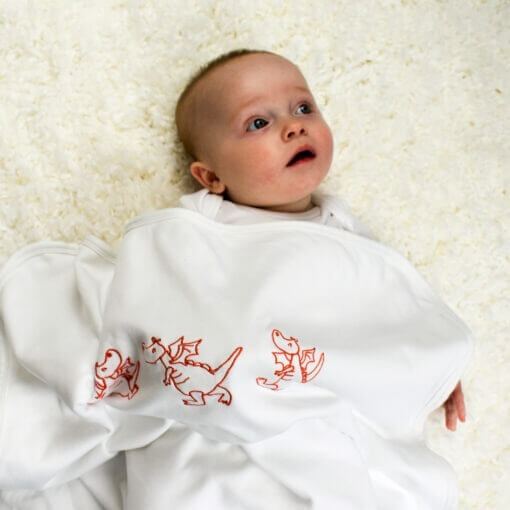 Organic Handmade Welsh inspired Baby blanket which is embroidered with three red Welsh dragons