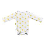 White organic cotton baby long sleeved bodysuit with vibrant daffodil design with two fasteners at bottom can be personalised
