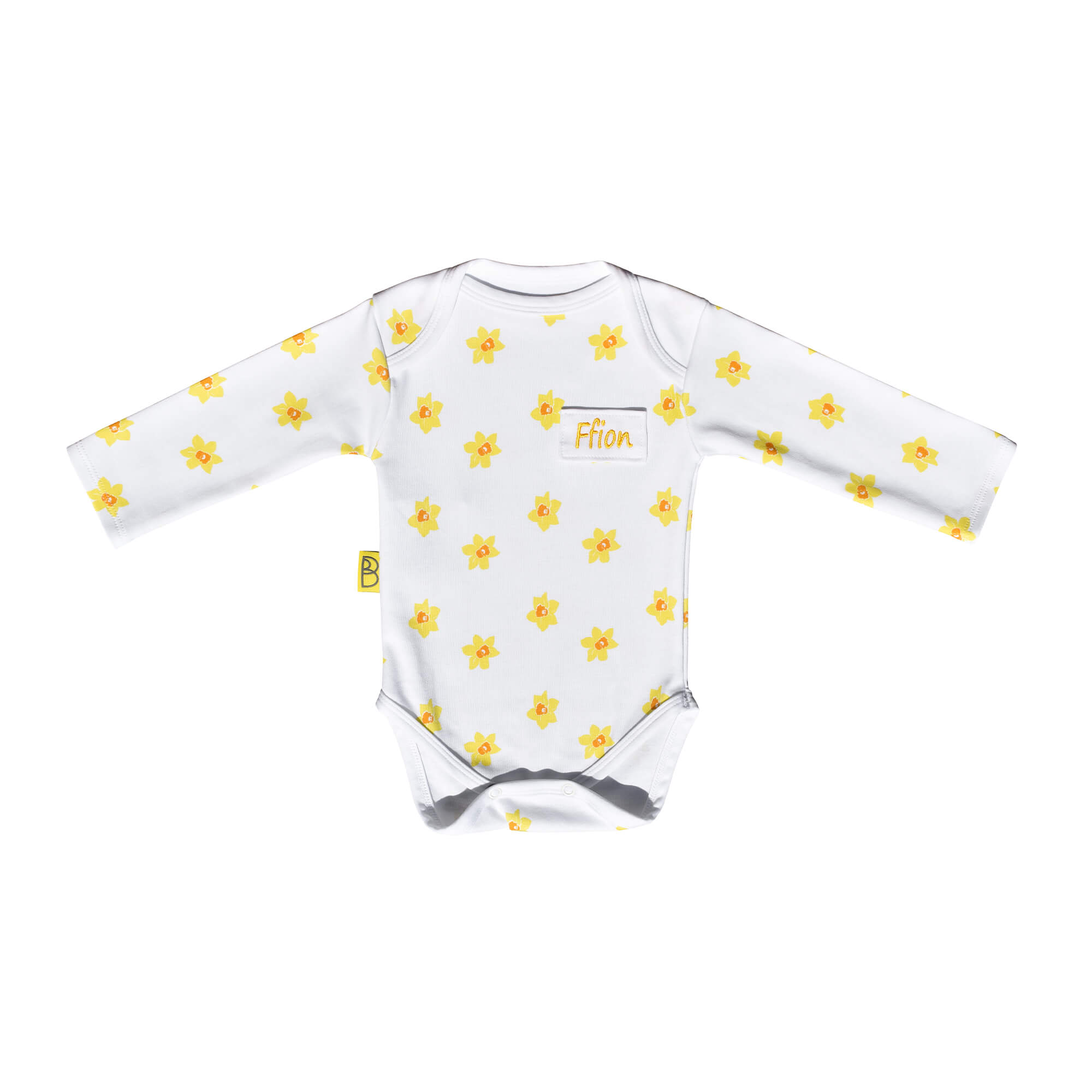 White organic cotton baby long sleeved bodysuit with vibrant daffodil design with two fasteners at bottom can be personalised