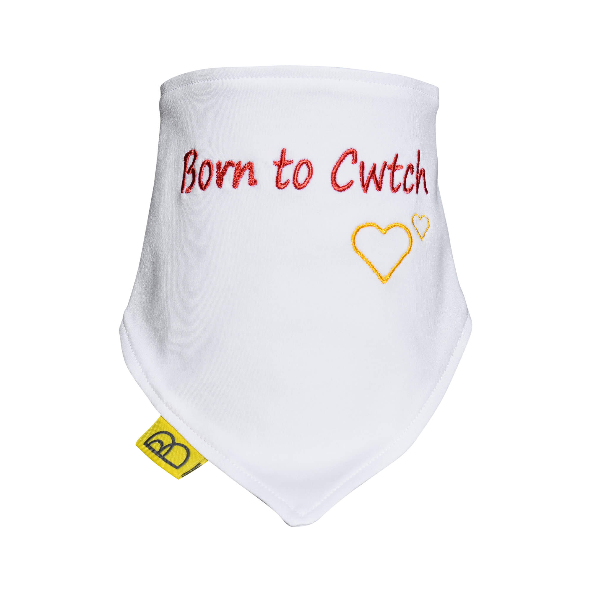 Handmade white Welsh organic cotton baby bib embroidered words Born to Cwtch in red and have two fastenings to adjust fit