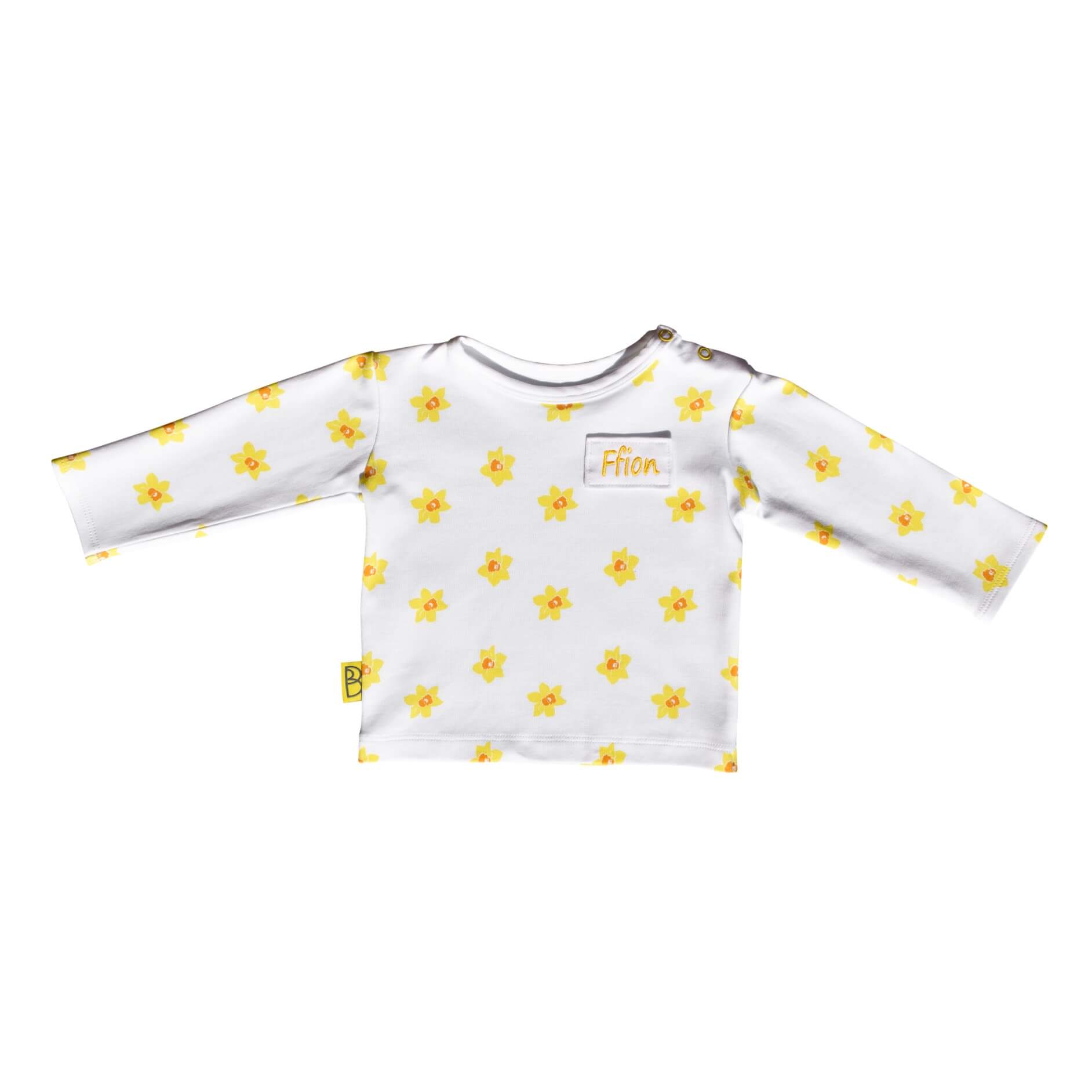 Handmade white organic cotton baby T shirt in vibrant daffodil, fasteners on shoulder to adjust size can be personalised