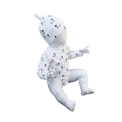 Long sleeved organic cotton bodysuit & hat, cute Welsh lamb baby clothing.