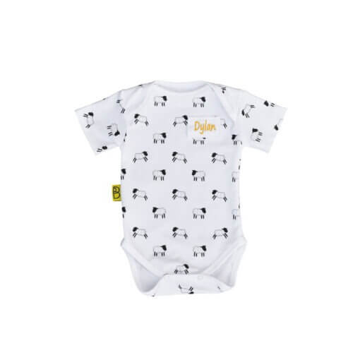 White organic cotton baby short sleeved bodysuit with our Welsh sheep design with two fasteners at bottom can be personalised