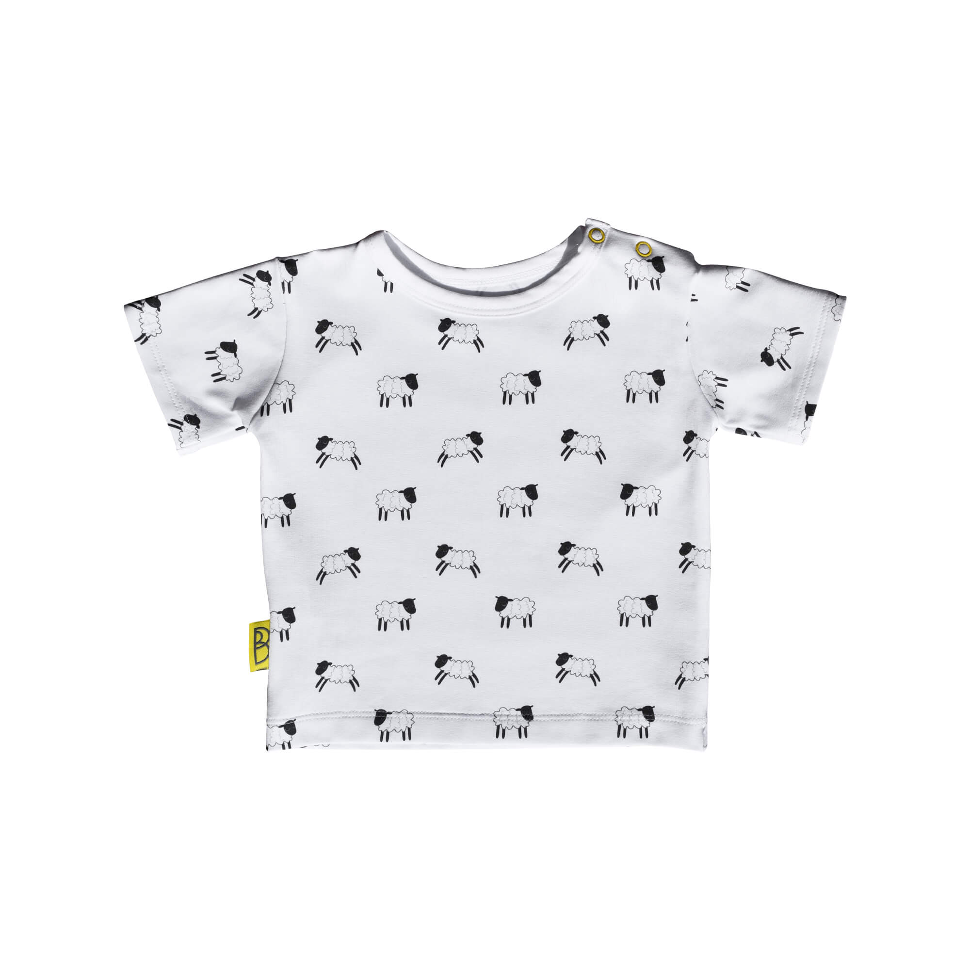 Handmade white organic cotton baby T shirt in our cute sheep print, fasteners on shoulder to adjust size can be personalised