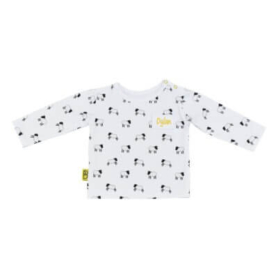 long sleeved t-shirt - sheep pattern with two yellow poppers to fasten. Add personalisation