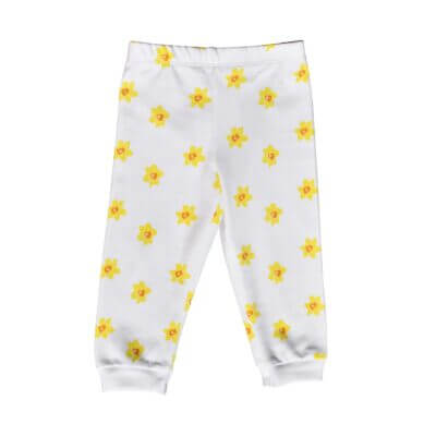 Baby or Infants handmade white organic cotton shorts with elasticated waist in our unique vibrant daffodil print design