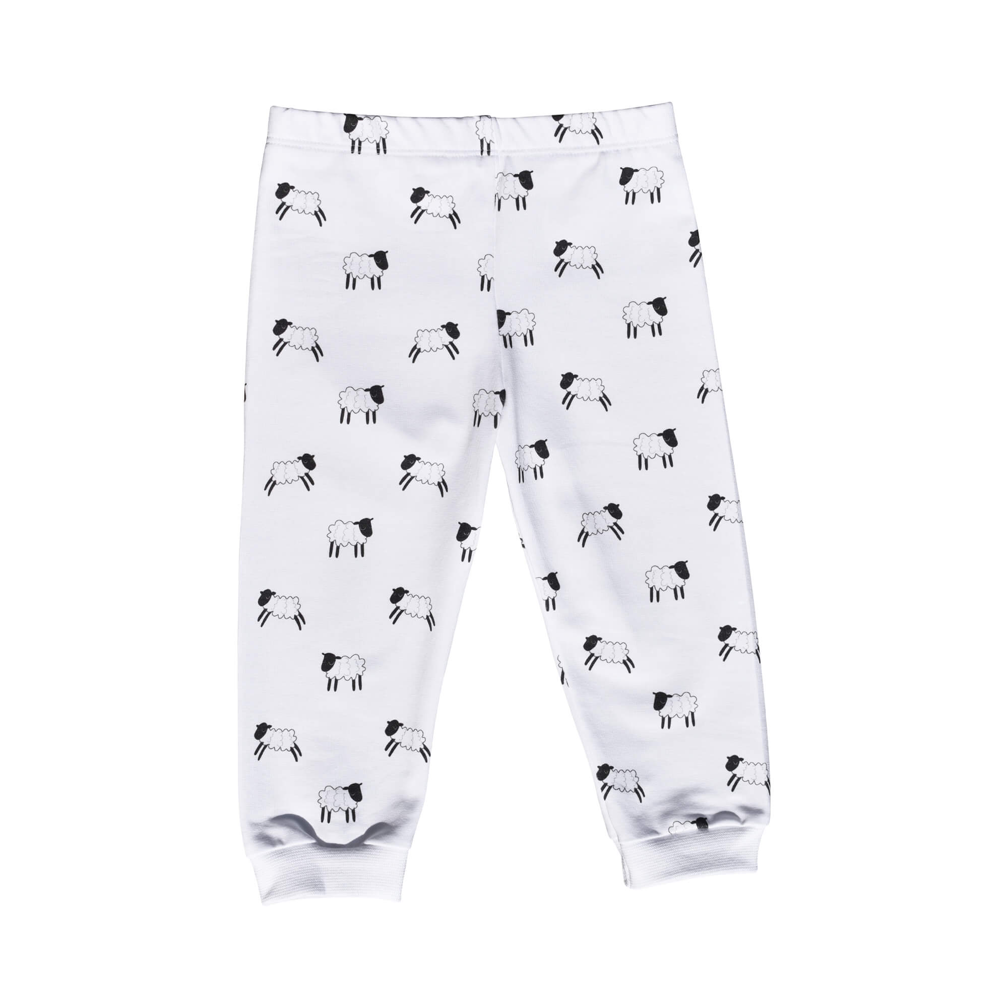 Baby Infants handmade white organic cotton leggings with elasticated waist and ankles in our Welsh sheep print design