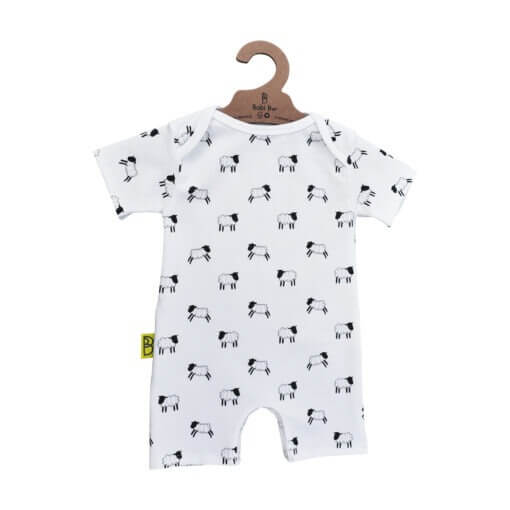 Organic cotton romper, sheep design, baby clothing. Made in Wales.