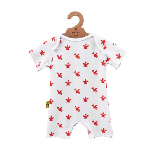 Organic cotton romper, red dragon design, baby clothing. Made in Wales.