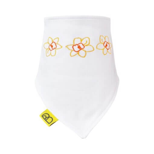 Handmade white Welsh organic cotton baby bib embroidered with yellow and orange daffodils and two fastenings to adjust fit