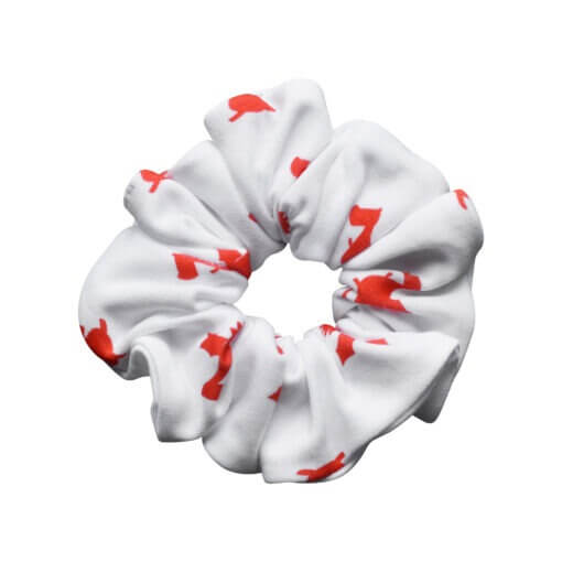 Handmade white organic cotton elasticated scrunchie for a little girl in our red dragon design