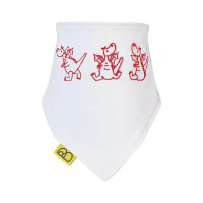 Handmade white Welsh organic cotton baby bib embroidered with three red dragons and have two fastenings to adjust fit