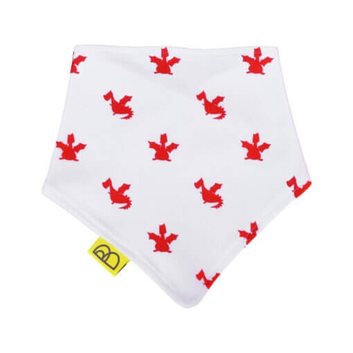 Organic cotton baby dribble bib with a repeat playful red dragon design, printed on to white cotton, its triangular and has red nickel-free poppers.
