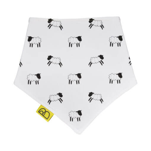 Organic cotton baby dribble bib with a repeat leaping lambs design, printed on to white cotton, bib is triangular and has yellow nickel-free poppers.