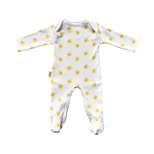 White organic cotton baby sleepsuit with vibrant daffodil design fasteners inside legs for easy opening, can be personalised