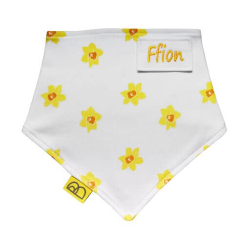 Welsh yellow daffodils personalised organic cotton baby dribble bib by Babi Bw