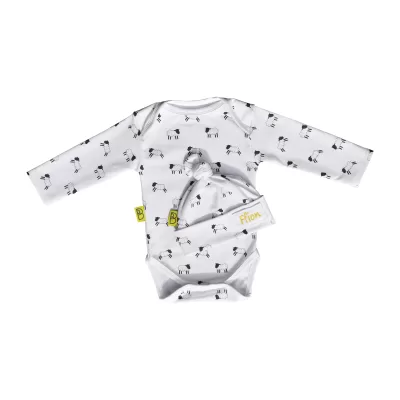 Baby gift set, long sleeve bodysuit and hat with hand drawn cute leaping lambs printed on white cotton. The hat has a cute little tied knot on top.