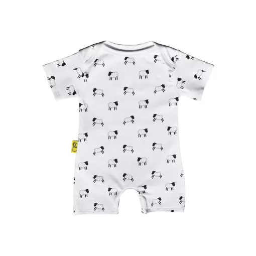 White short sleeved handmade organic cotton baby romper in our Welsh sheep design with fasteners at bottom