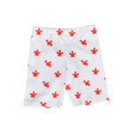 Organic cotton baby shorts just below the knee and elasticated waist in our hand drawn playful red dragon design printed on to white organic cotton.