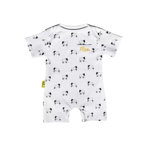 White short sleeved handmade organic cotton baby romper in our Welsh sheep design with fasteners at bottom