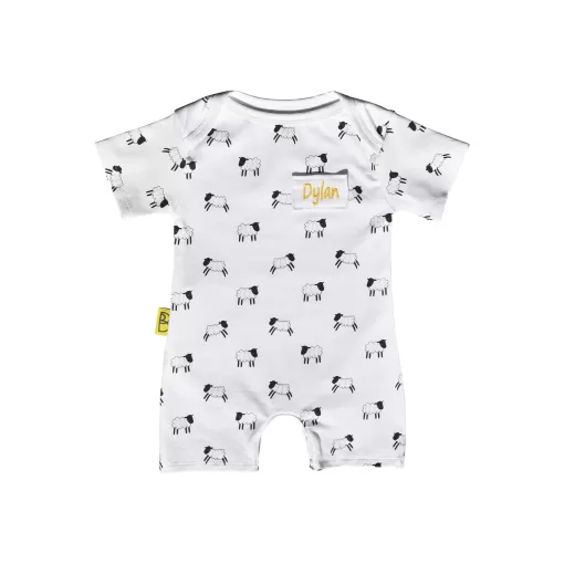 White short sleeved handmade organic cotton baby romper in our Welsh sheep design with fasteners at bottom