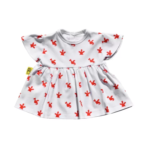 Handmade short sleeve white organic cotton Baby girl dress with cute Welsh red dragon print with two fasteners to adjust back