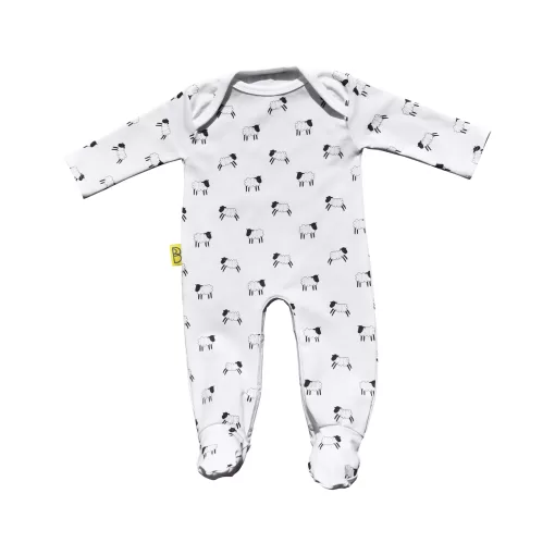 White organic cotton Welsh baby sleepsuit with cute Sheep design fasteners inside legs for easy opening, can be personalised