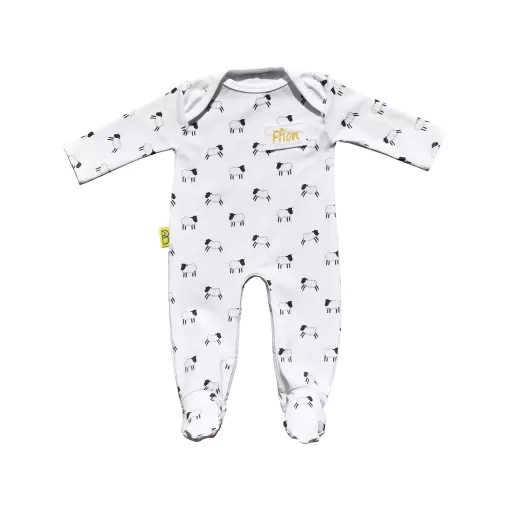 White organic cotton Welsh baby sleepsuit with cute Sheep design fasteners inside legs for easy opening, can be personalised