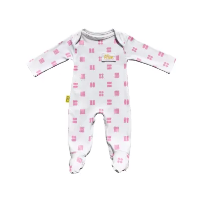 White organic cotton Welsh baby sleepsuit with pink Celtic design fasteners inside legs for easy opening, can be personalised