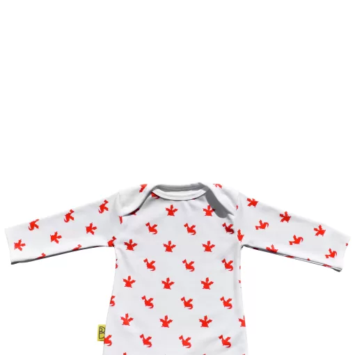 White organic cotton baby sleepsuit with cute red dragon design